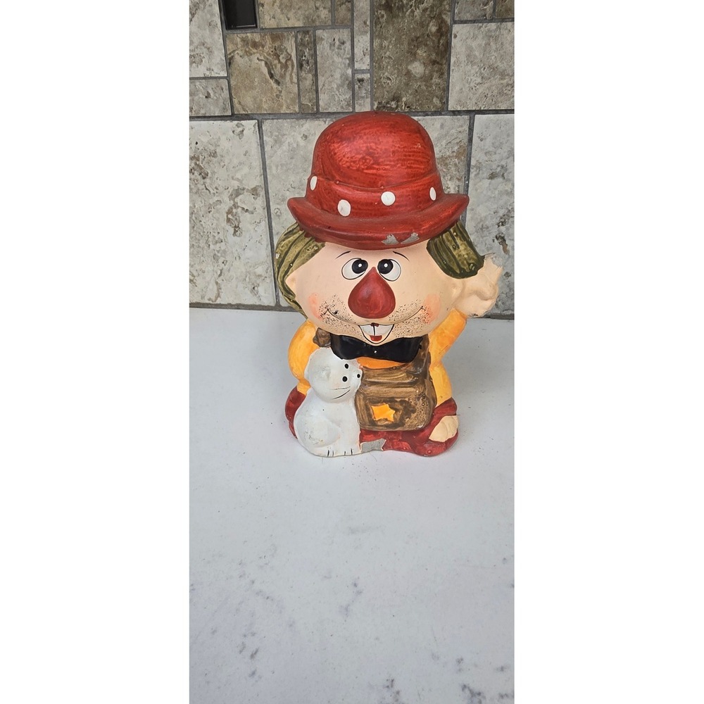 Vintage Ceramic Clown Figurine Hand Painted Red Polka Dot Hat with Dog Kitsch